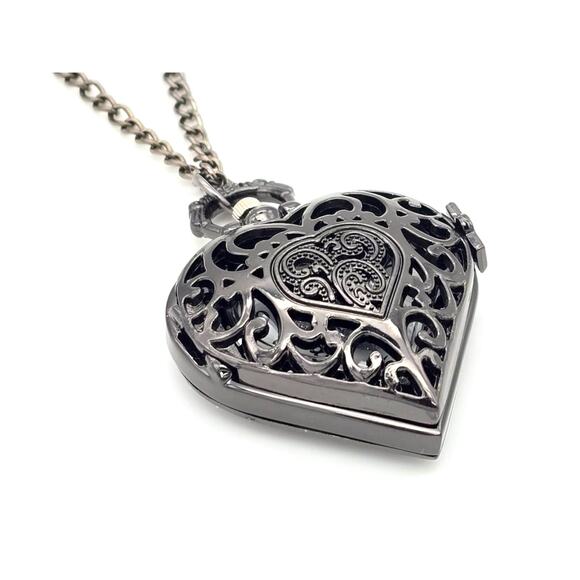 Black Heart Pendant Watch - Gothic Filigree Necklace Locket Watch Gift for Her - Picture 2 of 10